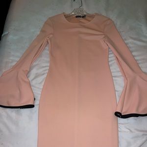 Boohoo Plush Pink midi dress with bell sleeves